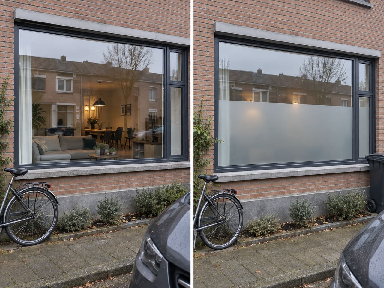 Illustratie van een straatraam met en zonder een brede matte band over het onderste deel.