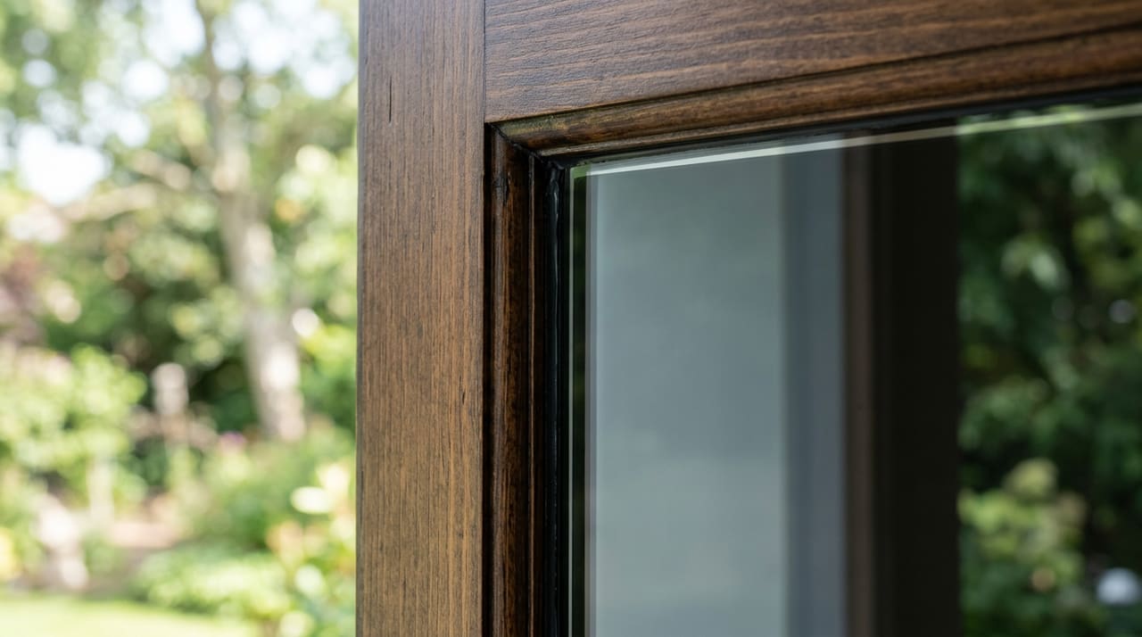 Detail van een glasrand in de bovenhoek van een houten raamkader.