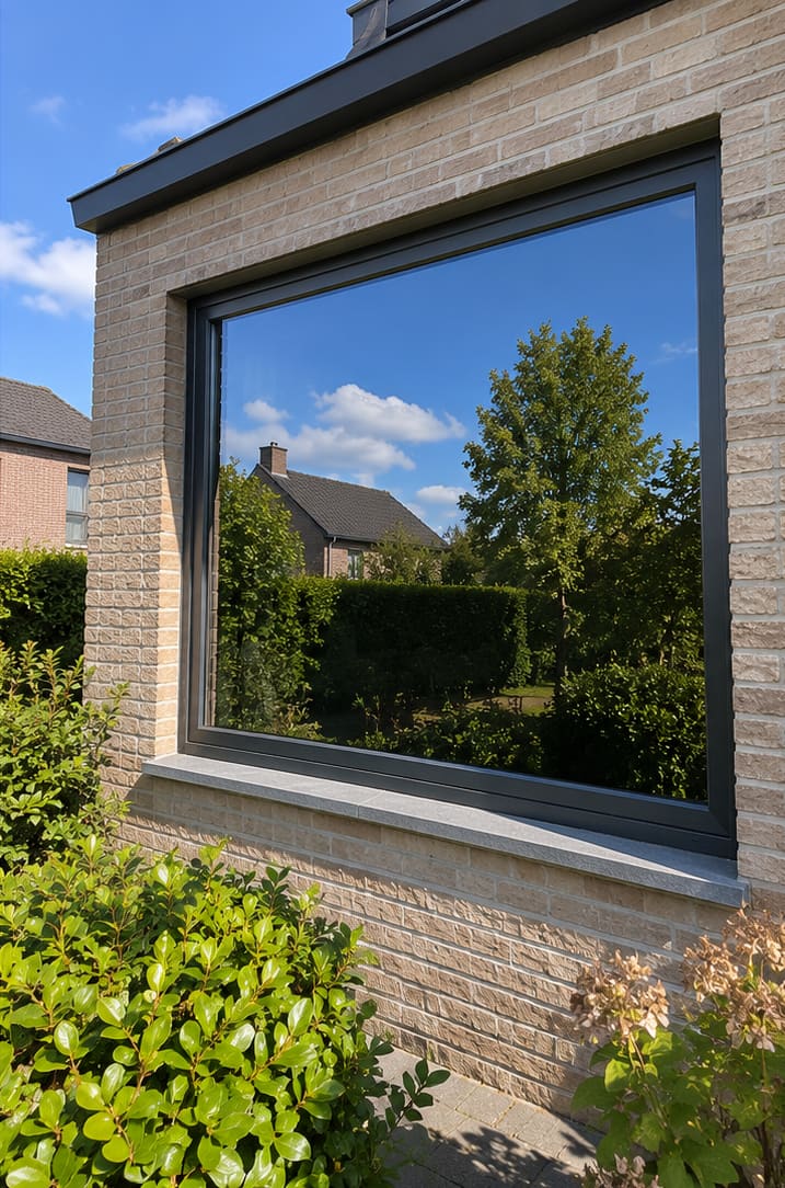 Illustratie van een raam in een bakstenen gevel waarin bomen en blauwe lucht weerspiegelen.