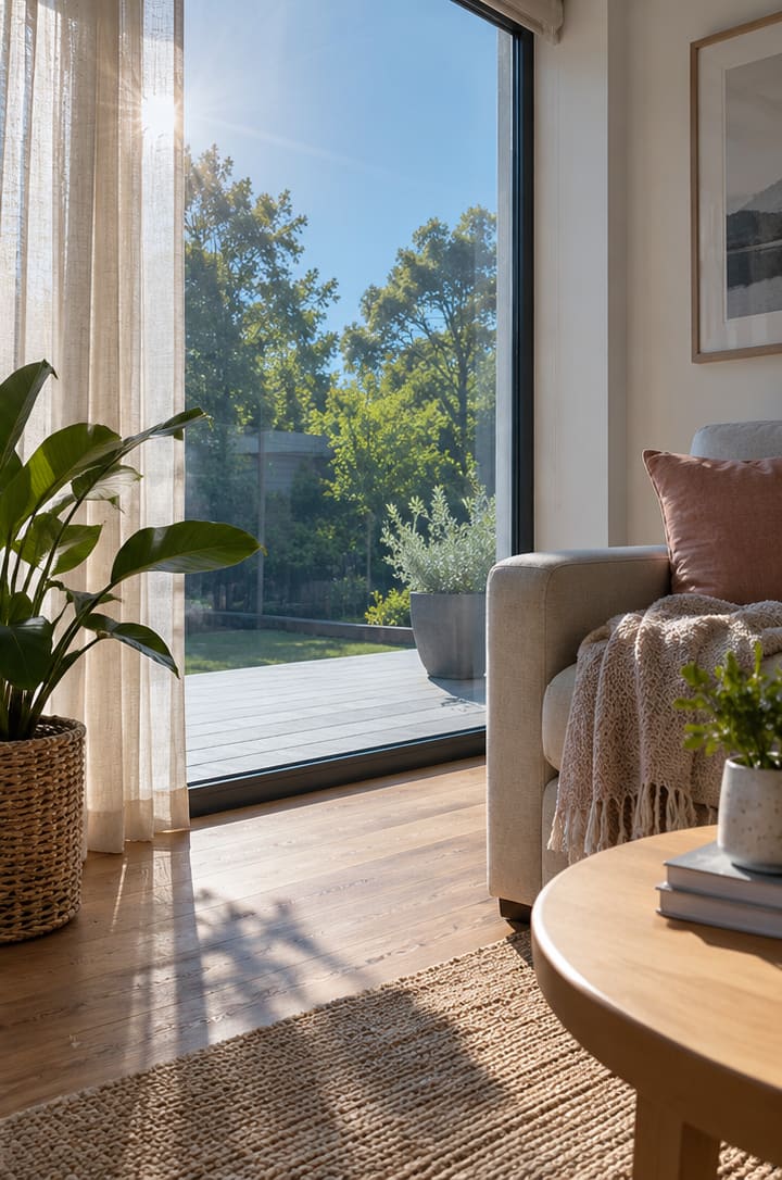 Illustratie van een woonkamer met een groot raam, fauteuil en zicht op de tuin.