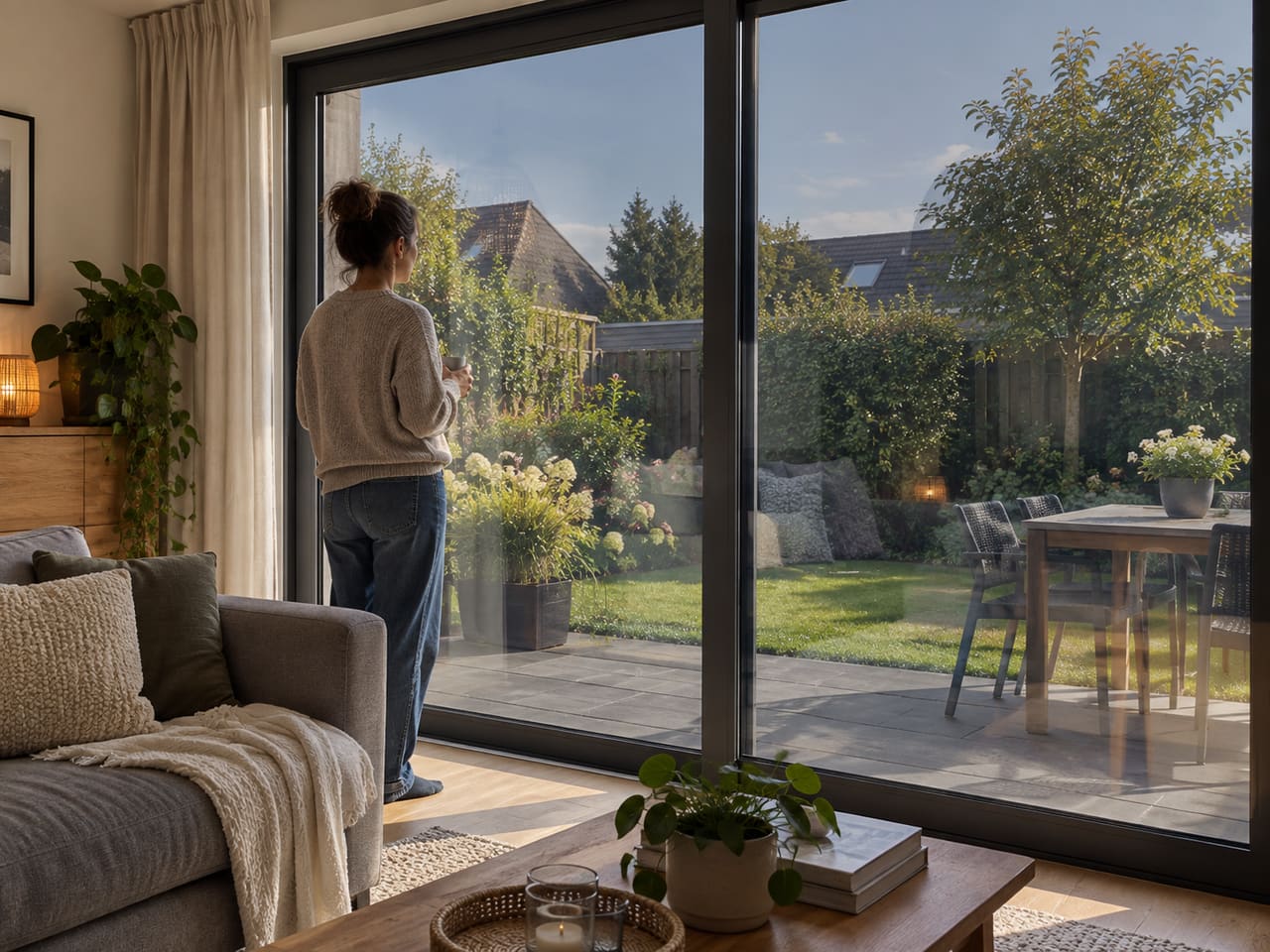 Illustratie van een woonkamer met grote ramen en een persoon die naar de tuin kijkt.